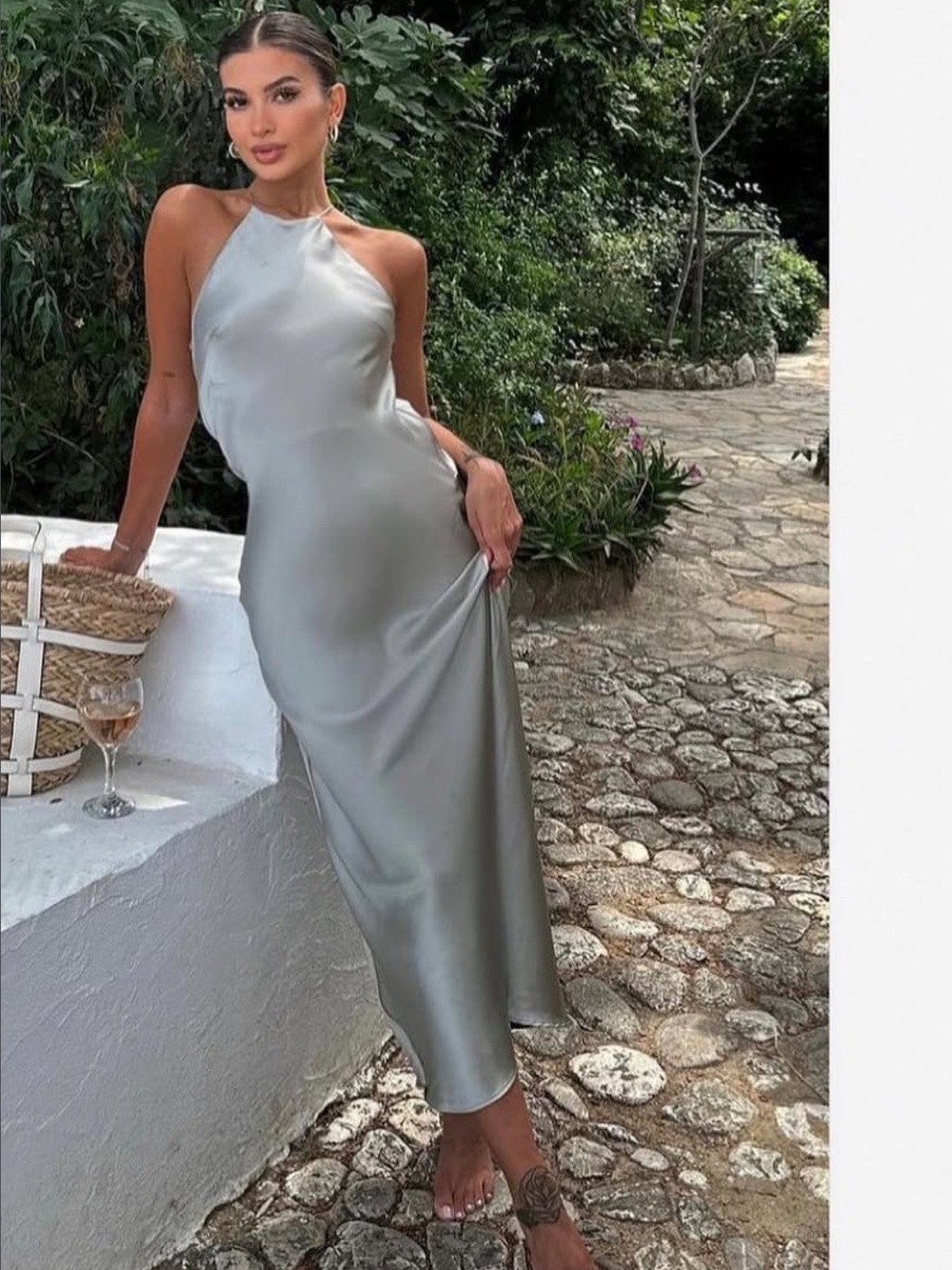 Zara Silver Satin Halter Midi Dress